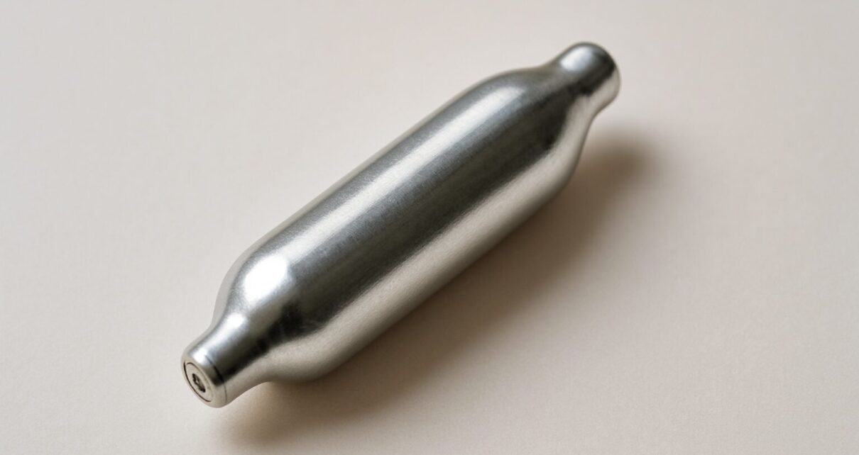 A silver nitrous oxide canister on a neutral background
