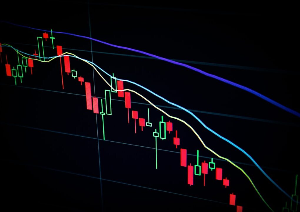 Financial graph showing market trends with candlestick chart and moving averages